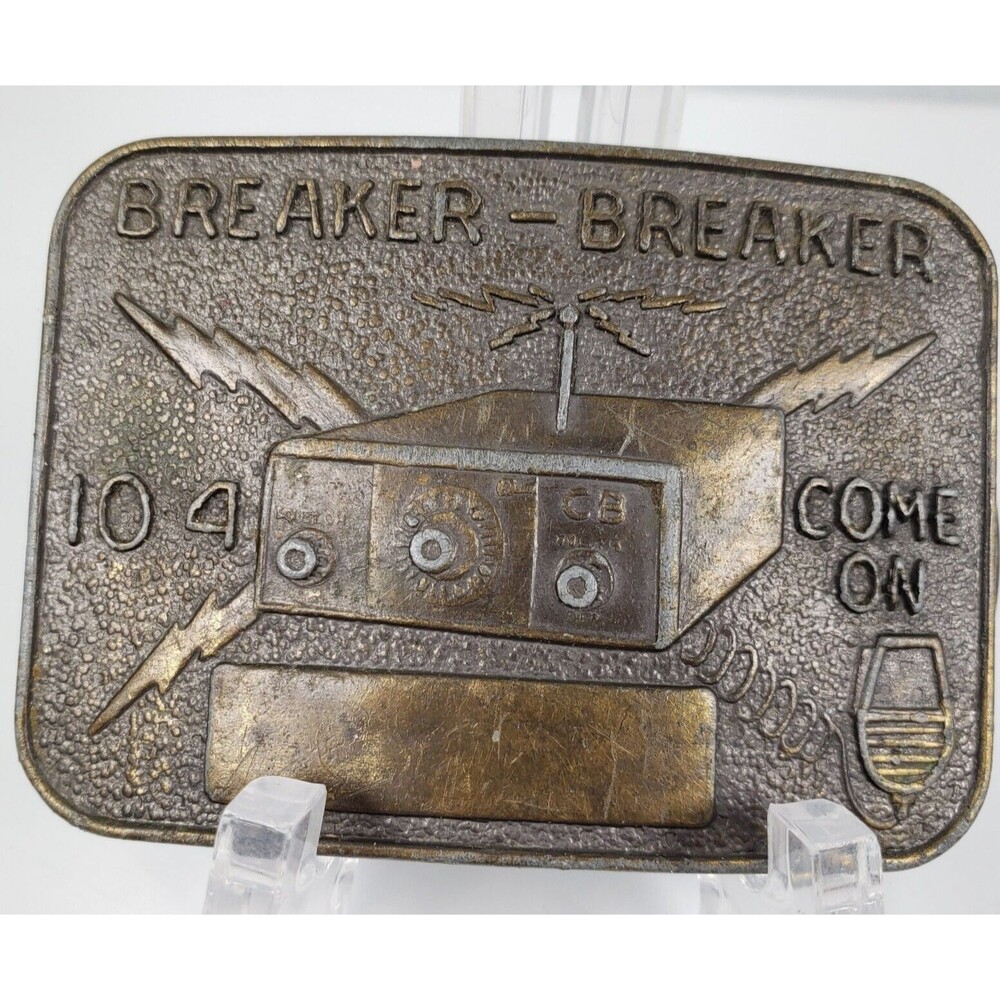 Vintage 1970's Metal Belt Buckle CB Radio Breaker 10 4 Come On Trucker